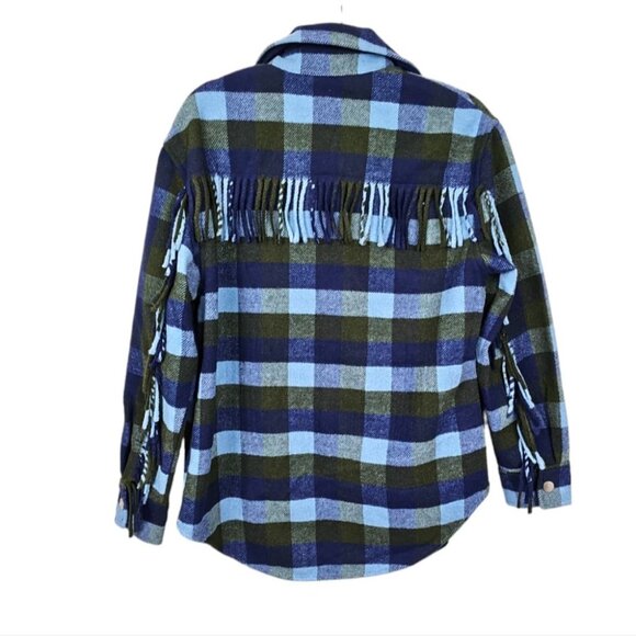NWT J Joie Plaid Fringe Trim Shacket Button Dwon Jacket Size M Blue Olive - Picture 3 of 12